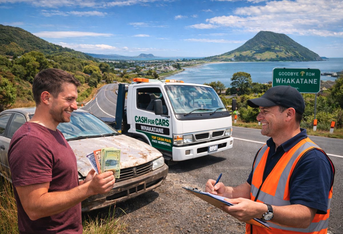 Man being paid cash on the spot for his old car by a Cash For Cars Whakatāne operator, tow truck and Whakatāne town sign in the background