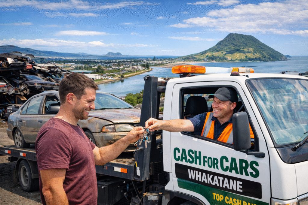 Cash For Cars Whakatāne local team member handing over cash for a vehicle at the yard, Whakatāne coastline behind